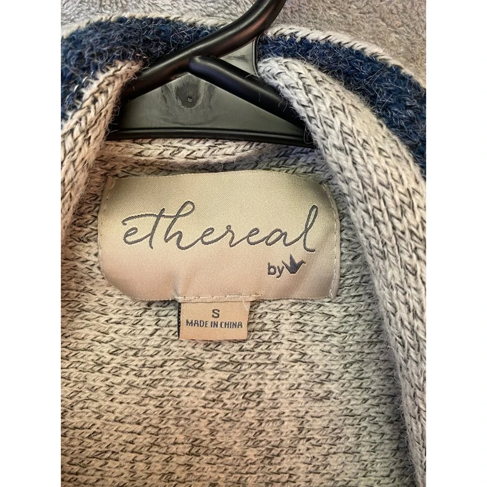 Ethereal by V Blue Cream Striped Fringe Open Front Knit Sweater Vest Small